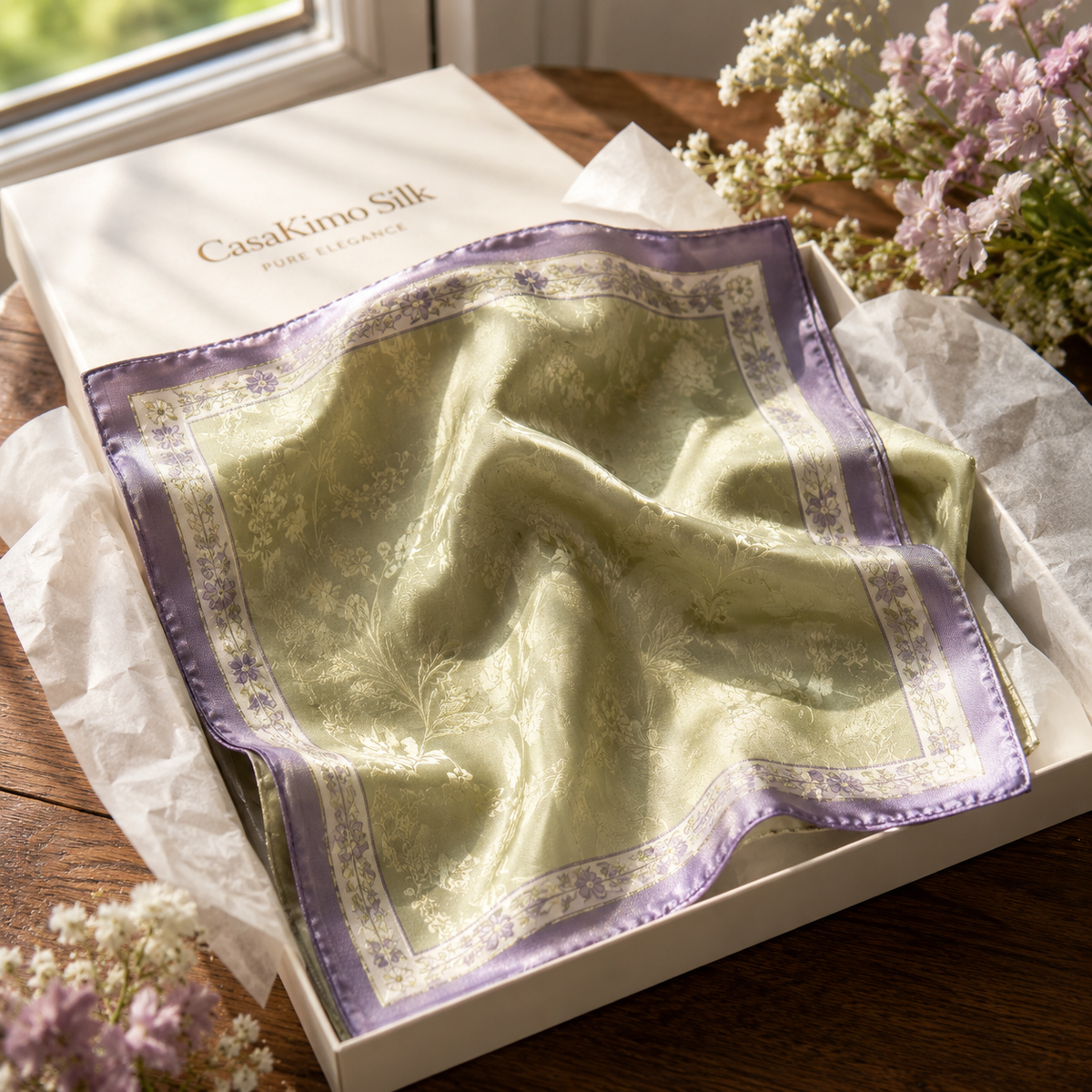 Pañuelo de Seda Verde con Bordes Morados | CasaKimo Silk