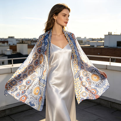 Pañuelo de Seda Azul Mandala Multicolor | CasaKimo Silk