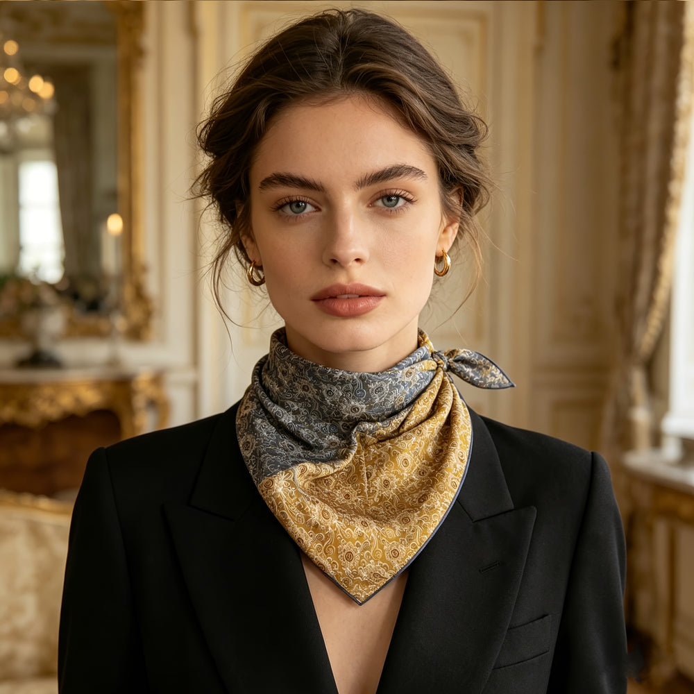 Pañuelo de Seda Azul y Dorado con Espirales | CasaKimo Silk