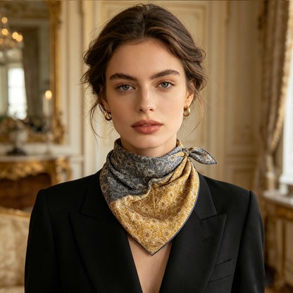 Pañuelo de Seda Azul y Dorado con Espirales | CasaKimo Silk