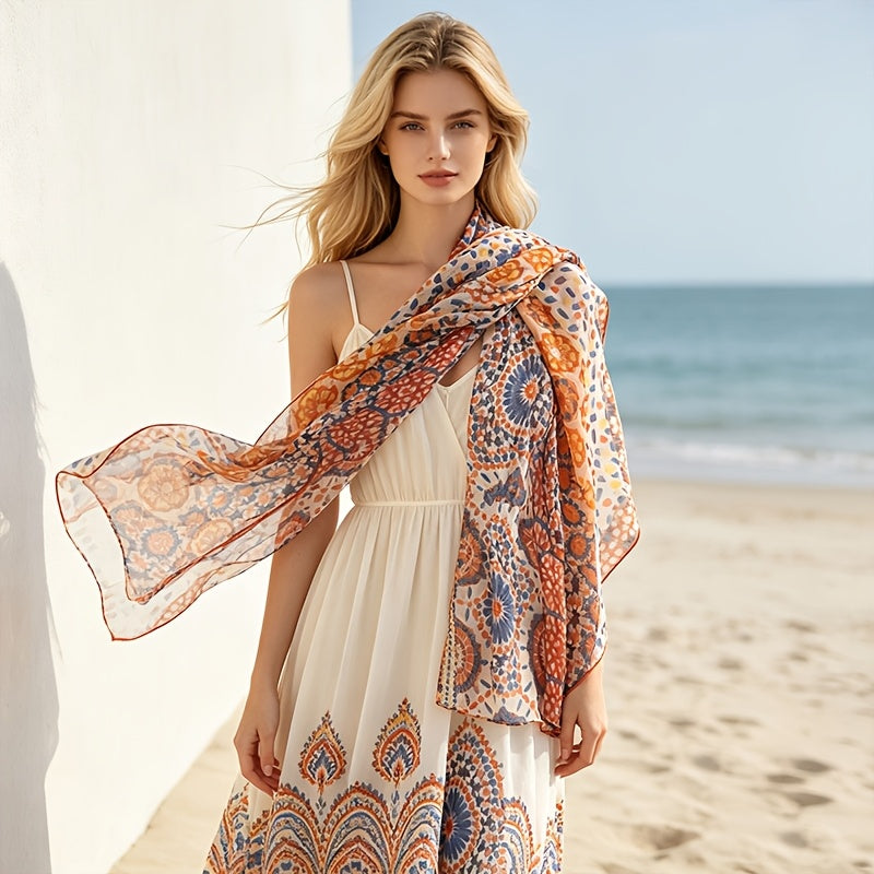 Pañuelo de Seda Naranja y Azul Mandala | CasaKimo Silk