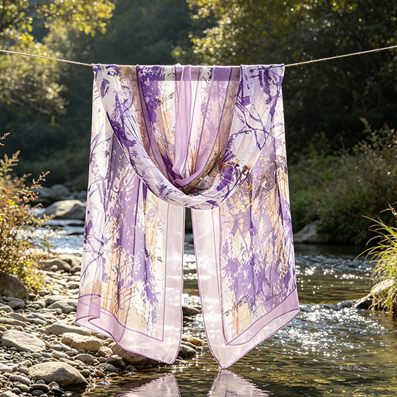 Pañuelo de Seda Morado con Ramas Abstractas | CasaKimo Silk
