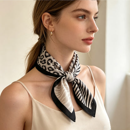 Pañuelo de Seda Negro con Leopardo Patchwork | CasaKimo Silk