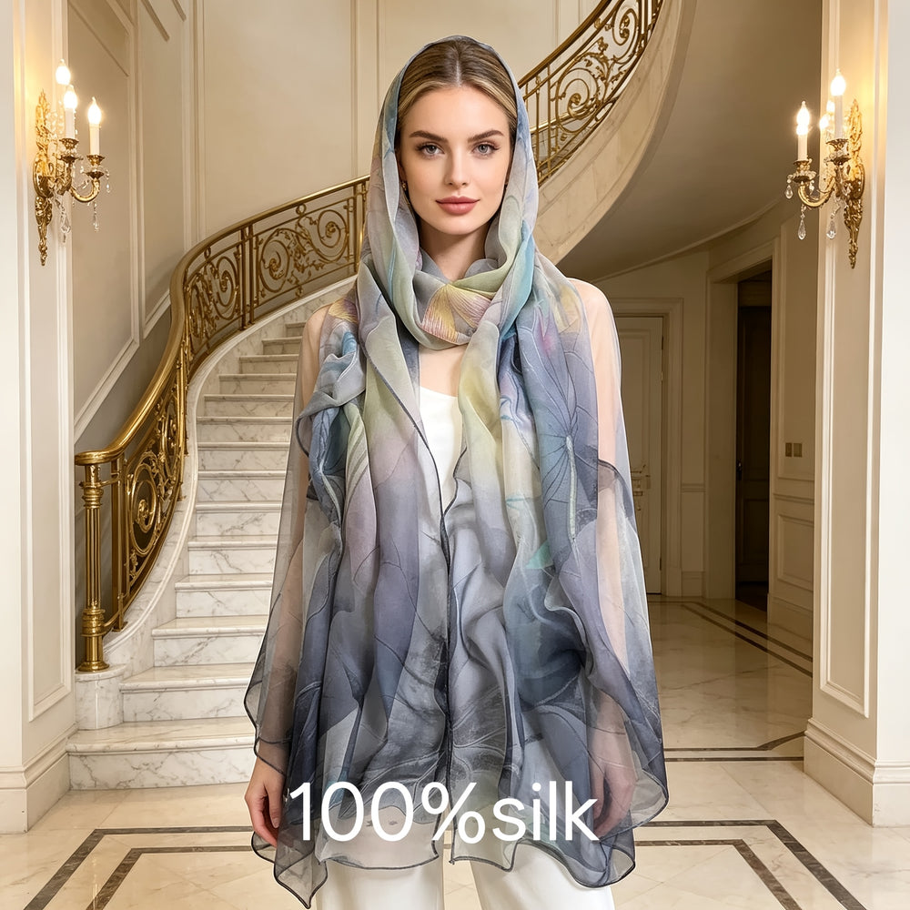 Pañuelo de Seda Gris con Flores de Loto | CasaKimo Silk