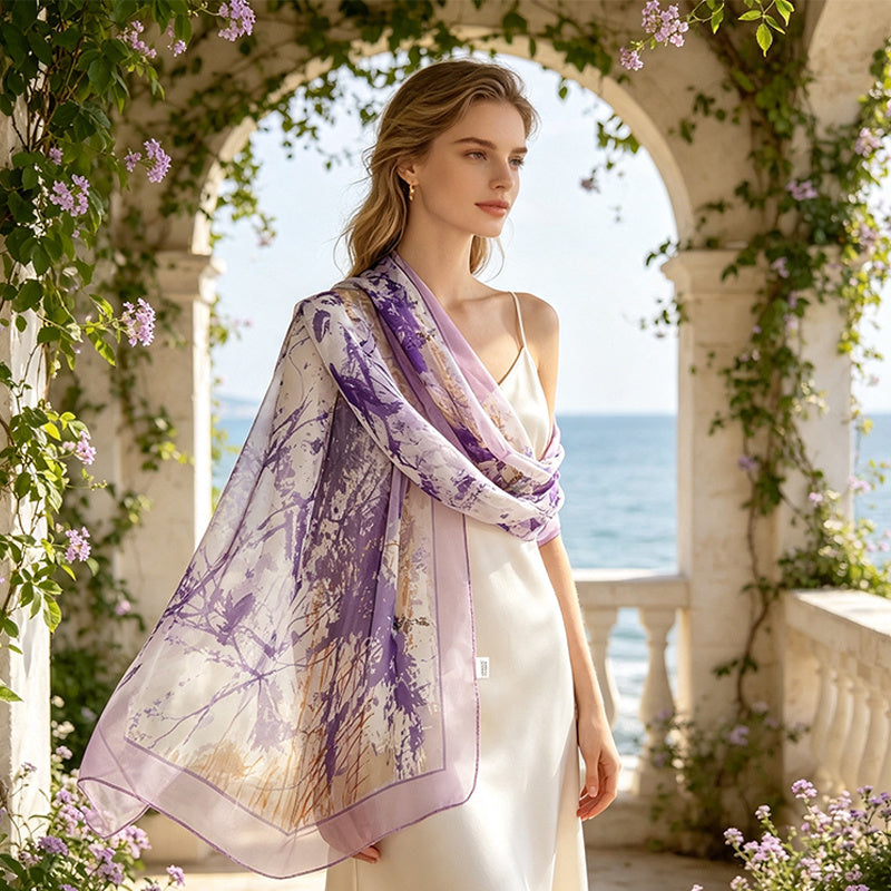 Pañuelo de Seda Morado con Ramas Abstractas | CasaKimo Silk