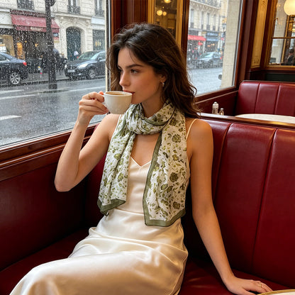 Pañuelo de Seda Blanco con Flores Verdes | CasaKimo Silk