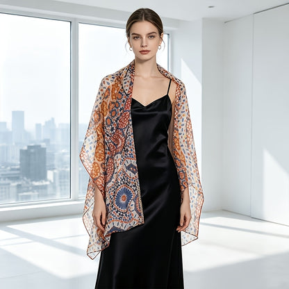 Pañuelo de Seda Naranja y Azul Mandala | CasaKimo Silk