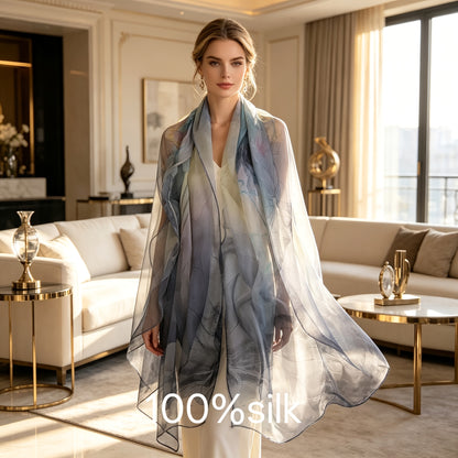 Pañuelo de Seda Gris con Flores de Loto | CasaKimo Silk