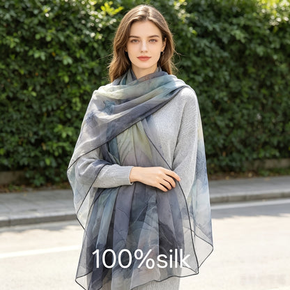 Pañuelo de Seda Gris con Flores de Loto | CasaKimo Silk