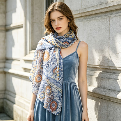 Pañuelo de Seda Azul Mandala Multicolor | CasaKimo Silk