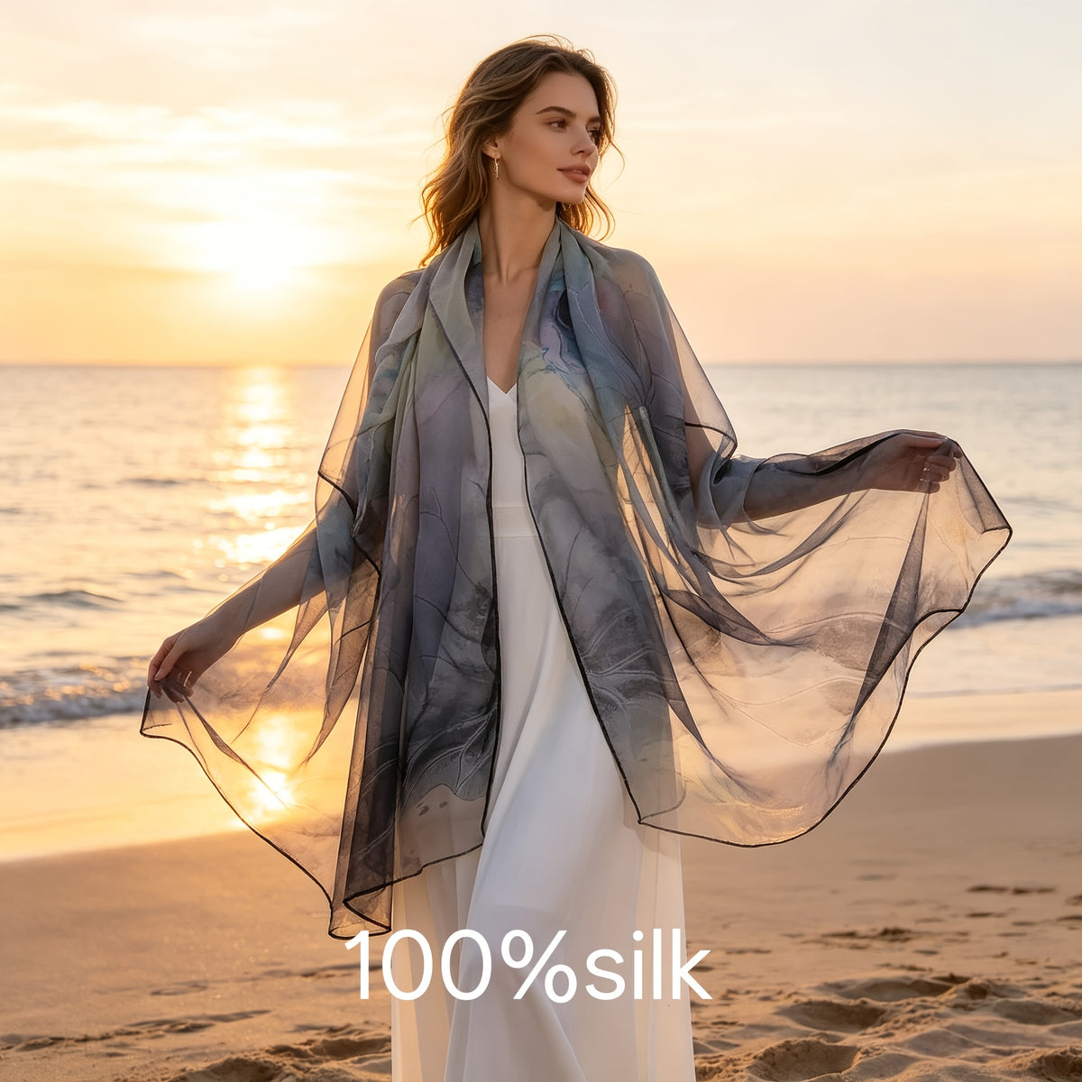 Pañuelo de Seda Gris con Flores de Loto | CasaKimo Silk