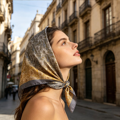 Pañuelo de Seda Azul y Dorado con Espirales | CasaKimo Silk
