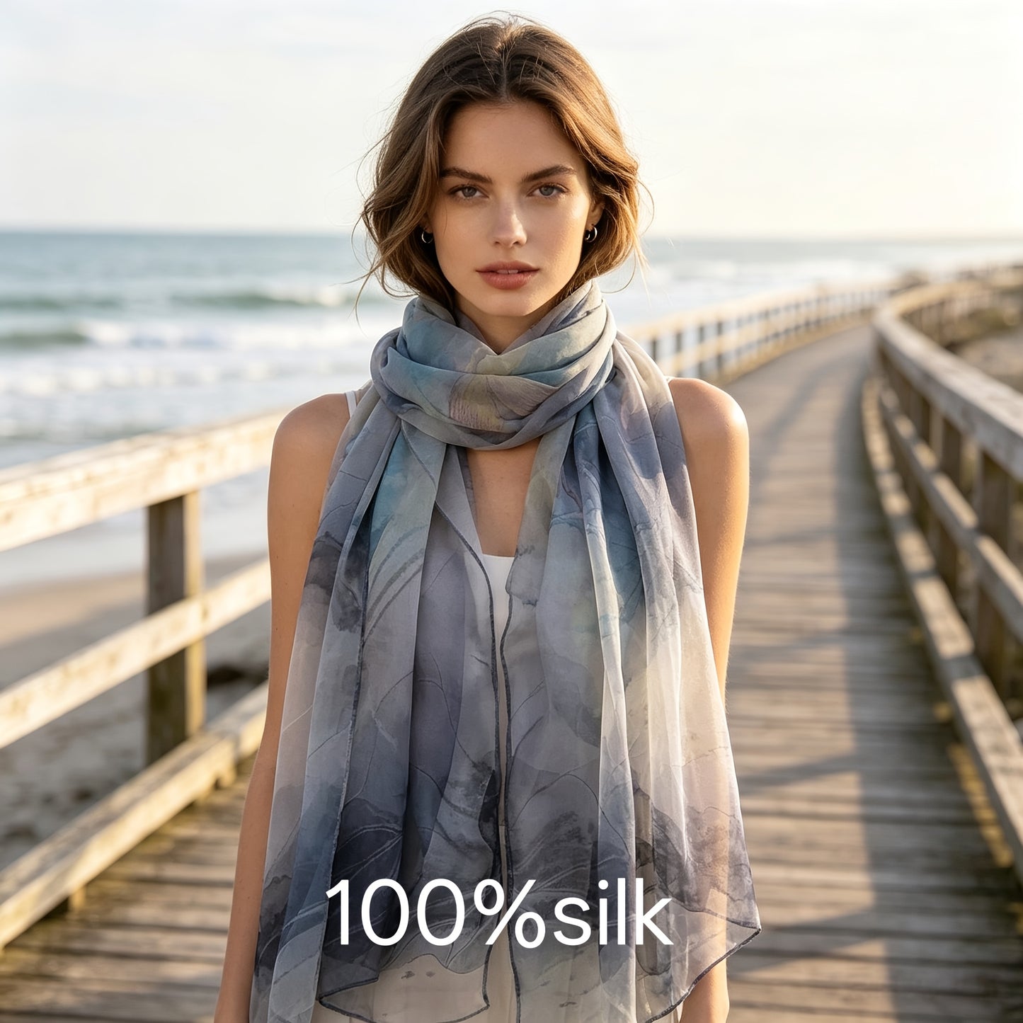 Pañuelo de Seda Gris con Flores de Loto | CasaKimo Silk