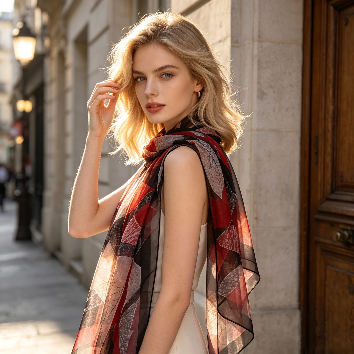 Pañuelo de Seda Negro y Rojo con Hojas | CasaKimo Silk