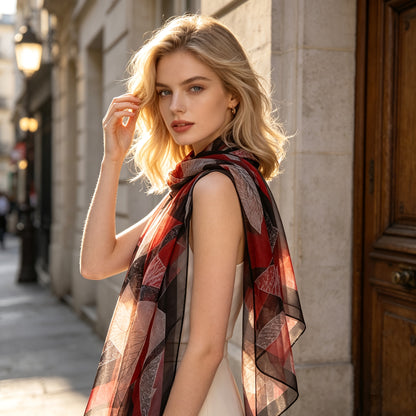 Pañuelo de Seda Negro y Rojo con Hojas | CasaKimo Silk