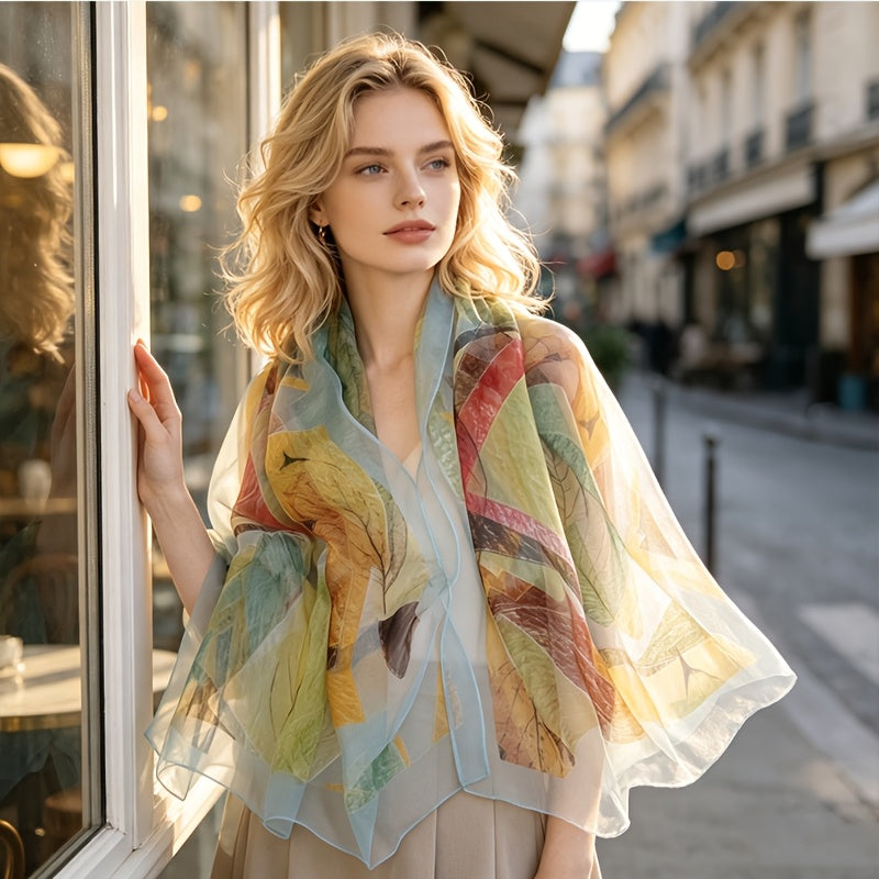 Pañuelo de Seda con Borde Azul y Hojas | CasaKimo Silk