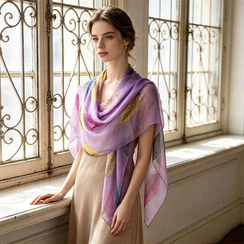 Pañuelo de Seda Morado con Hojas de Otoño | CasaKimo Silk