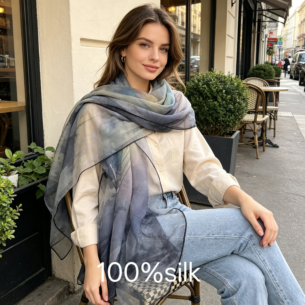 Pañuelo de Seda Gris con Flores de Loto | CasaKimo Silk