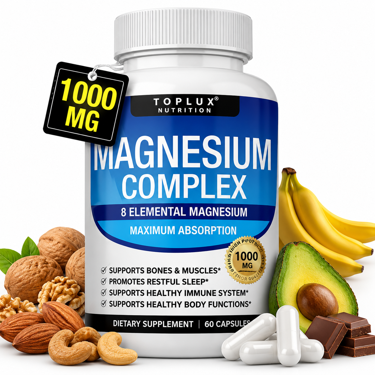 Magnesio Complex 8 en 1 1000 mg | 60 Cápsulas | Fórmula de Alta Absorción