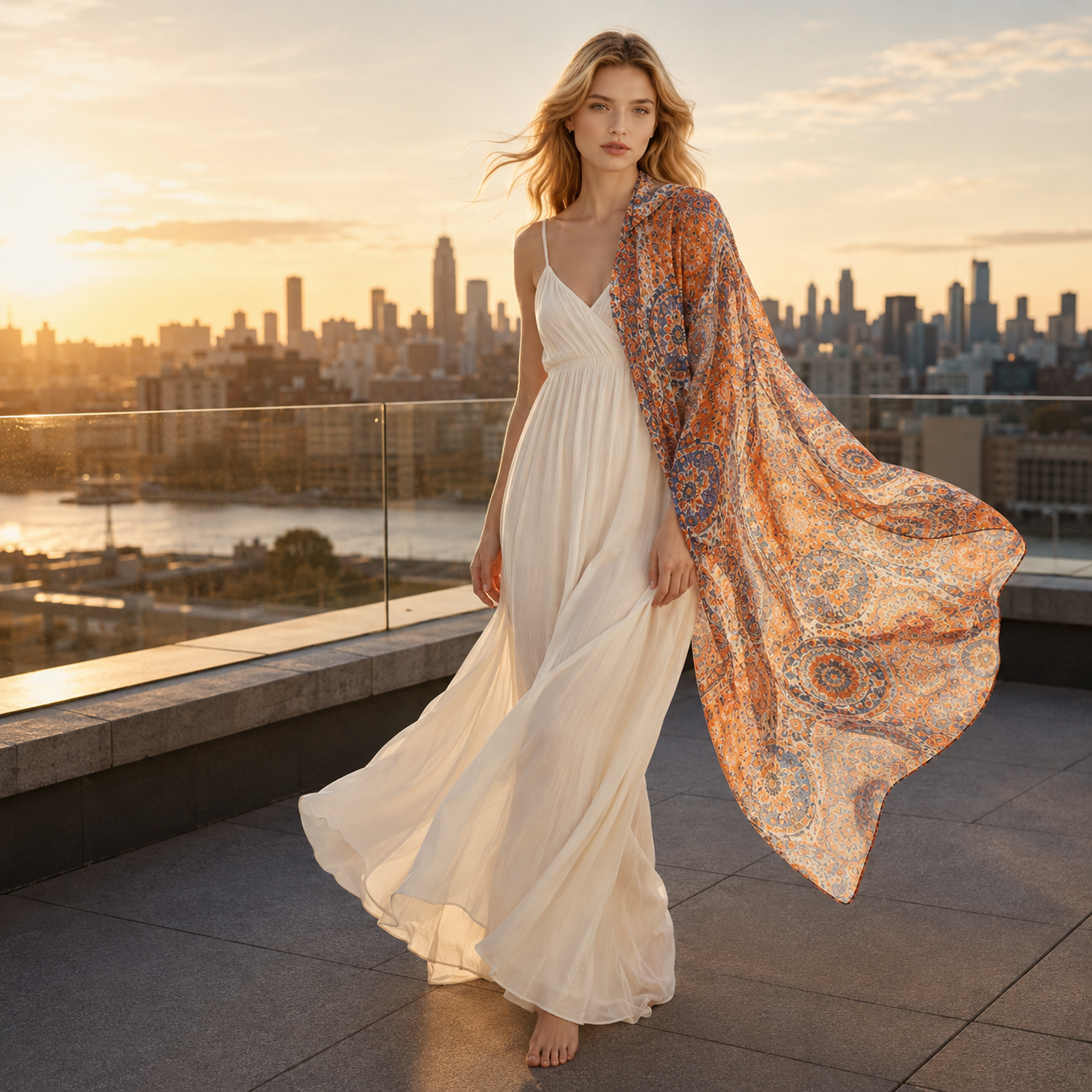 Pañuelo de Seda Naranja y Azul Mandala | CasaKimo Silk