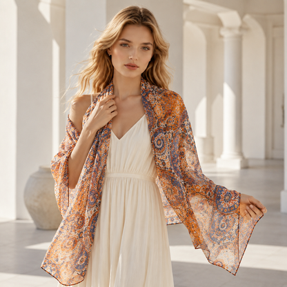 Pañuelo de Seda Naranja y Azul Mandala | CasaKimo Silk