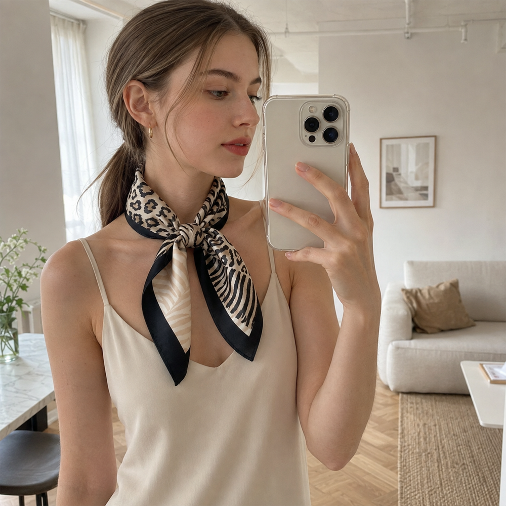 Pañuelo de Seda Negro con Leopardo Patchwork | CasaKimo Silk