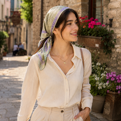Pañuelo de Seda Verde con Bordes Morados | CasaKimo Silk